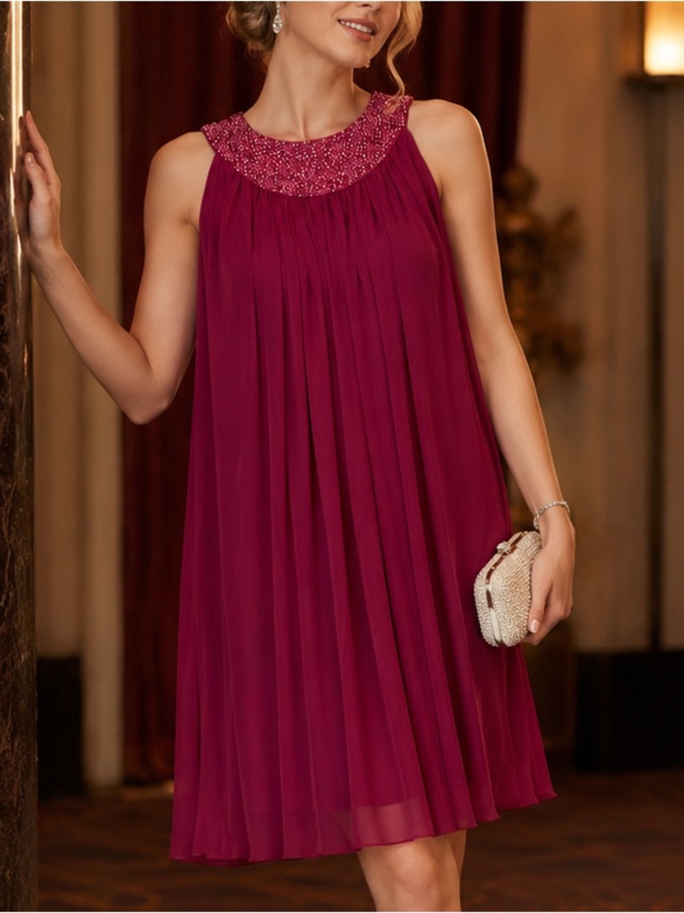 JS Boutique Pleated Shift Dress Beaded Pink Homecoming Prom Wedding Cocktail Lux
